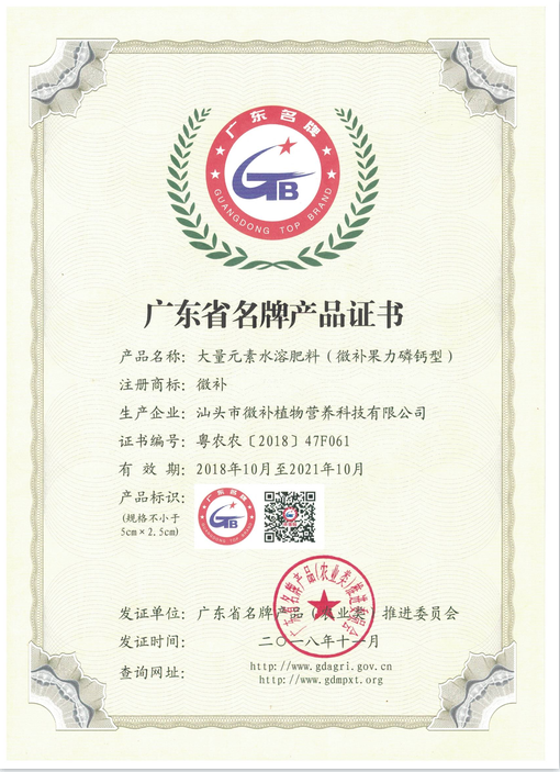 廣東省名牌產品證書